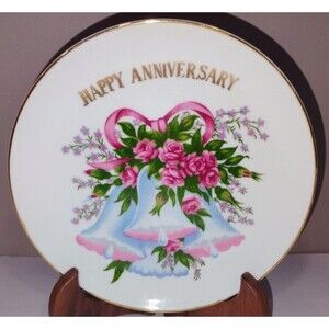 Happy Anniversary Plate Wedding Bells Roses Gold Trim 7" Bridal Pink Blue